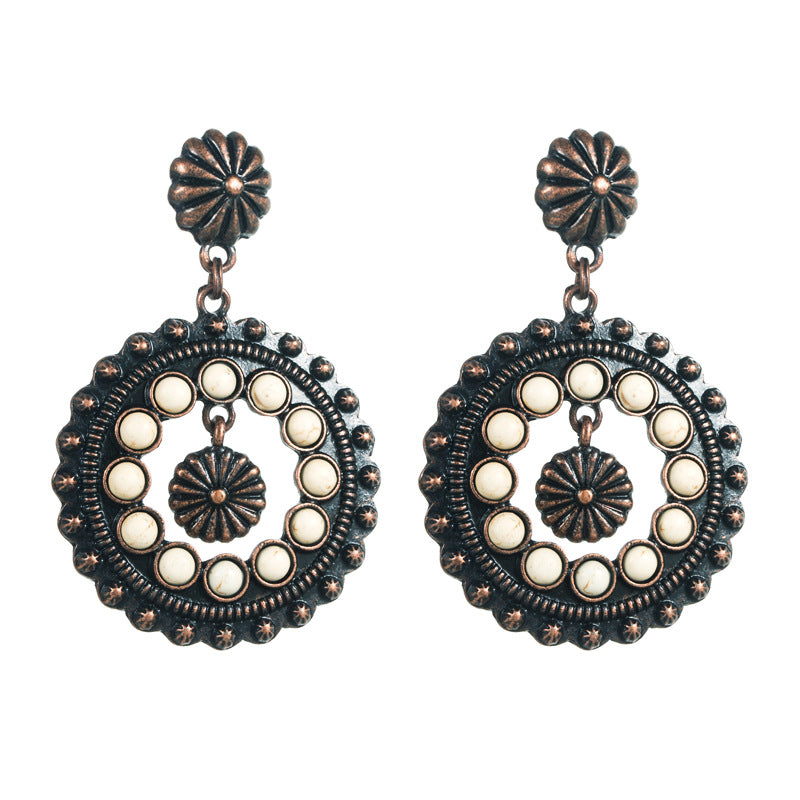 Wholesale  white turquoise earrings hollow round pendant exaggerated party earrings